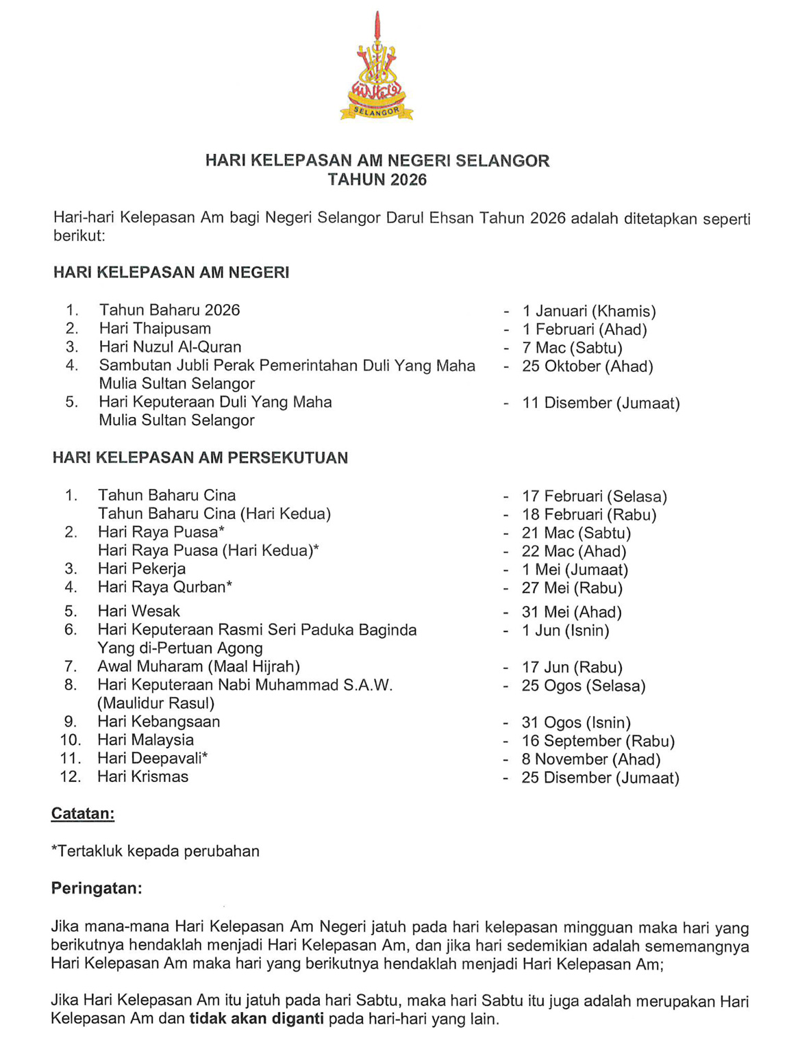 Hari Kelepasan Am Selangor 2026